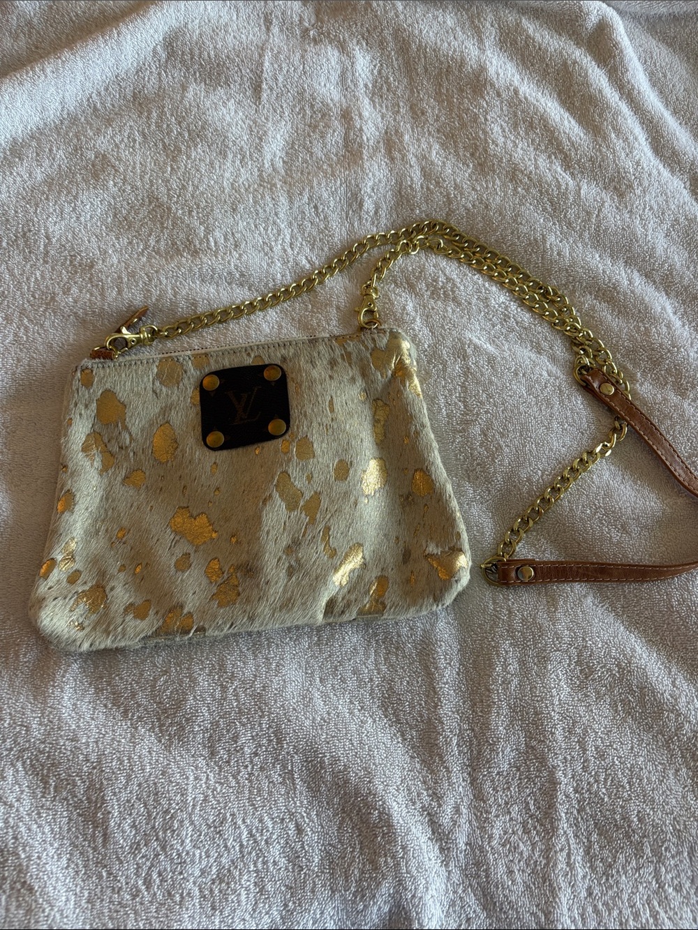 Gold Speckled Haircalf Chain Shoulder Bag with Leather refurbished
